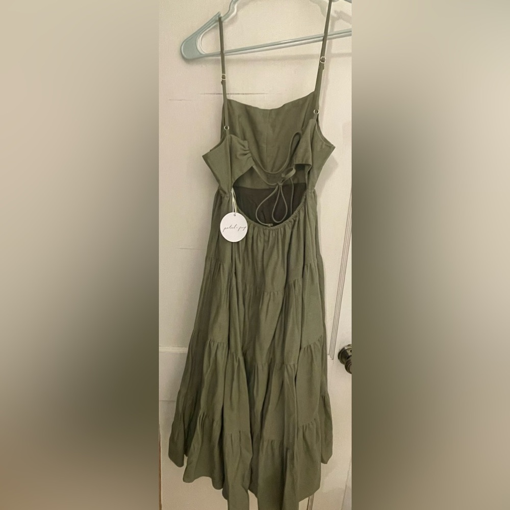 Petal & Pup olive green tiered dress with open back. Size M/L New with tags